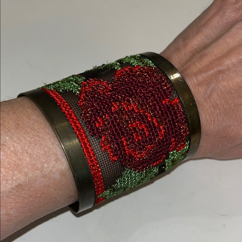 Embroidered Floral Cuff ,”A Red Rose would smell as sweet”…Bracelet Pettipoint
